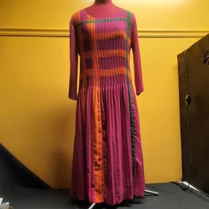 Elizeh NY Paris Hot Magenta Orange and Green gathered to a flowy pleat dress 12